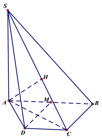 Câu 37: (MH Toan 2020) Cho hình chóp (S.ABCD) có đáy là hình thang, (AB = 2a), (AD = DC = CB = a), (SA) vuông góc với mặt phẳng đáy và (SA = 3a) (minh họa như hình bên). Gọi (M) là trung điểm của (AB). Khoảng cách giữa hai đường thẳng (SB) và (DM) bằng. 2