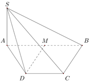 Câu 37: (MH Toan 2020) Cho hình chóp (S.ABCD) có đáy là hình thang, (AB = 2a), (AD = DC = CB = a), (SA) vuông góc với mặt phẳng đáy và (SA = 3a) (minh họa như hình bên). Gọi (M) là trung điểm của (AB). Khoảng cách giữa hai đường thẳng (SB) và (DM) bằng. 1