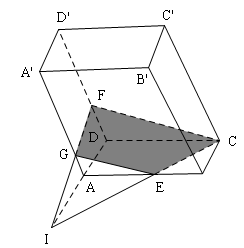 Đề bài: Cho hình hộp $ABCD.A'B'C'D'$ và các điểm $E, F$ lần lượt nằm trên các cạnh $AB$ và $DD'$ sao cho $frac{EA}{AB}=frac{1}{2}, frac{FD}{DD'}=frac{1}{3}.$a) Hãy xác định thiết diện của hình hộp $ABCD.A'B'C'D'$ khi nó bị cắt bởi mặt phẳng $(EFC)$.b) Hãy xác định thiết diện của hình hộp $ABCD.A'B'C'D'$ khi nó bị cắt bởi mặt phẳng $(EFC')$.c) Gọi $H$ và $X_{A}$ lần lượt là giao điểm của mp$(EFC')$ với $AD$ và $BB'$.Chứng minh rằng $EH//FI$ 1