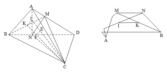 Đề bài: Trên các cạnh $AD$ và $BD$ của tứ diện $ABCD$ lấy các điểm $M, N$ sao cho $frac{AM}{AD}=frac{BN}{BD}=m$. Tìm khoảng cách giữa các trọng tâm tam giác $Delta ACN$ và $Delta BMC$ theo $AB=a$. 1