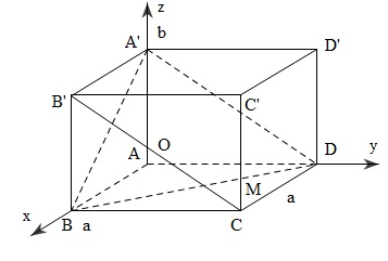 Đề bài: Cho hình hộp chữ nhật $ABCD.A'B'C'D'$ có $AB=AD=a, AA'=b(a>0,b>0)$. Gọi $M$ là trung điểm cạnh $CC'$a) Tính thể tích khối tứ diện $BDA'M$ theo $a$ và $b$b) Xác định tỉ số $frac{a}{b} $ để hai mặt phẳng $(A'BD)$ và $(MBD)$ và vuông góc với nhau 1