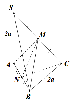Đề bài: Cho hình chóp $S.ABC$ có đáy $ABC$ là tam giác vuông tại $B, AB=a, BC=2a$, cạnh $SA$ vuông góc với đáy và $SA=2a$. Xác định và tính độ dài đường vuông góc chung của hai đường thẳng $AB,SC$. 1