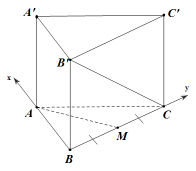 Đề bài: Cho hình lăng trụ đứng $ABC.A'B'C'$ đáy là tam giác vuông có $BA=BC=a$, cạnh bên $AA'=asqrt{2}$. Gọi $M$ là trung điểm của $BC$. Tìm khoảng cách giữa hai đường thẳng $AM,B'C$. 1