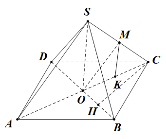 Đề bài: Cho hình chóp $S.ABCD$ đáy là hình thoi cạnh $AB=sqrt{5}$, đường chéo $AC=4, SO=2sqrt{2}$; và $SO$ vuông góc với mặt đáy $(ABCD)$, ở đây, $O$ là giao điểm của $AC,BD$. Gọi $M$ là trung điểm của cạnh $SC$. Tìm khoảng cách giữa hai đường thẳng $SA,BM$. 1