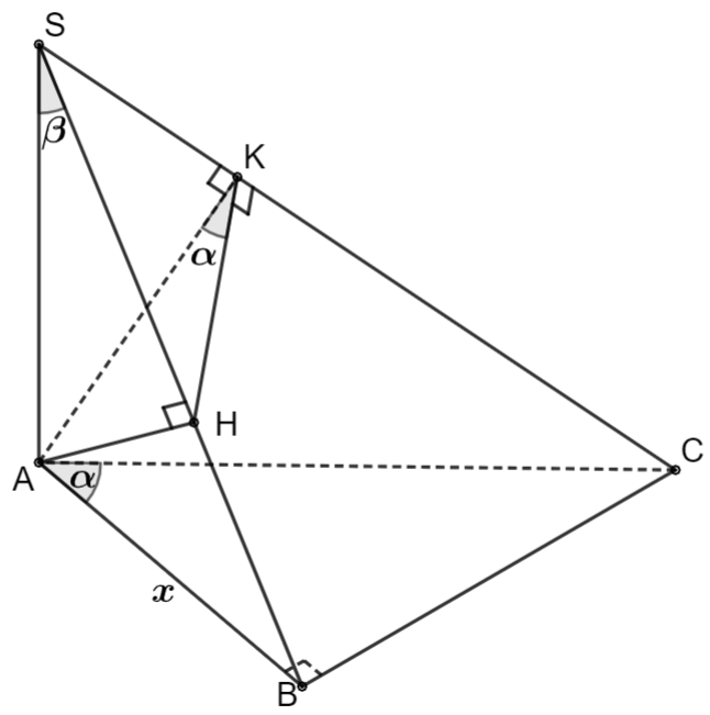 Cho hình chóp (S.ABC) có (SA bot (ABC)), tam giác (ABC) vuông tại (B), góc tạo bởi hai mặt phẳng ((SAC)) và ((SBC)) bằng (widehat {BAC}). Tính (P = tan widehat {BAC} cdot cos widehat {ASB}). 1