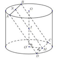 Cho hình trụ có (O, O' )  là tâm hai đáy. Xét hình chữ nhật ABCD có A, B cùng thuộc (O) và (C, D )  cùng thuộc (O' ) sao cho ( AB = asqrt 3 , BC = 2a) đồng thời (ABCD) tạo với mặt phẳng đáy hình trụ góc 600. Thể tích khối trụ bằng: 1