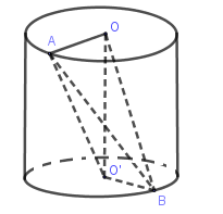 Cho hình trụ có các đáy là hình tròn tâm O và tâm O' , bán kính đáy bằng chiều cao và bằng 4cm. Trên đường tròn đáy tâm O lấy điểm A, trên đường tròn đáy tâm O' lấy điểm B sao cho ( AB = 4sqrt 3 cm). Thể tích khối tứ diện AOO'B là: 1