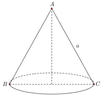 Một hình nón có thiết diện qua trục là một tam giác vuông cân có cạnh góc vuông bằng a. Diện tích xung quanh của hình nón bằng 1