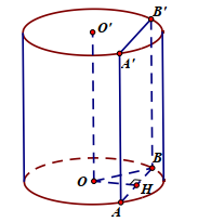 Cho ABB’A’ là thiết diện song song với trục OO’ của hình trụ (A,B thuộc đường tròn tâm O). Cho biết AB =4,AA'= 3 và thể tích của hình trụ bằng (24pi) Khoảng cách d từ O đến mặt phẳng là: 1