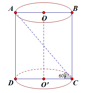 Cắt một khối trụ bởi một mặt phẳng qua trục ta được thiết diện là hình chữ nhật ABCD có AB và CD thuộc hai đáy của khối trụ. Biết AD = 12 và góc ACD bằng (60^0). Thể tích của khối trụ là: 1