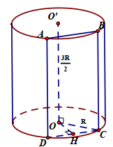 Cho hình trụ có bán kính đáy bằng R và chiều cao bằng (3Rover 2)  . Mặt phẳng ((alpha))song song với trục của hình trụ và cách trục một khoảng bằng (Rover 2). Diện tích thiết diện của hình trụ với mp (α ) là:
  1