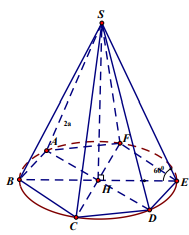 Cho hình chóp lục giác đều S.ABCDEF có cạnh bên bằng 2a và tạo với đáy một góc (60^o) . Diện tích xung quanh của hình nón ngoại tiếp hình chóp là 1