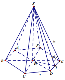Cho hình chóp lục giác đều S.ABCDEF có cạnh bên bằng 2a và tạo với đáy một góc (60^o). Diện tích xung quanh của hình nón ngoại tiếp hình chóp là 1