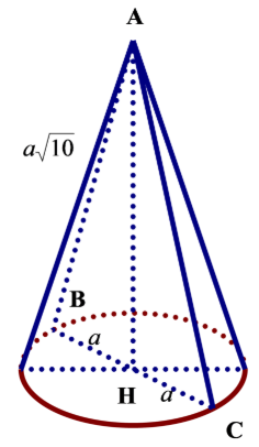 Trong không gian, cho tam giác ABC cân tại A, (AB = asqrt {10} ,;BC = 2a). Gọi H là trung điểm của BC. Tính thể tích V của hình nón nhận được khi quay tam giác ABC xung quanh trục AH. 1