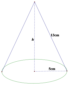 Một khối nón tròn xoay có độ dài đường sinh l = 13 cm và bán kính đáy r = 5cm. Khi đó thể tích khối nón là: 1