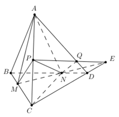 Cho tứ diện (ABCD), trên các cạnh (BC,,,BD,,,AC) lần lượt lấy các điểm (M,,,N,,,P) sao cho (BC = 3BM,,,BD = dfrac{3}{2}BN,,,AC = 2AP). Mặt phẳng (left( {MNP} right)) chia khối tứ diện (ABCD) thành 2 phần có thể tích là ({V_1},,,{V_2}) 1