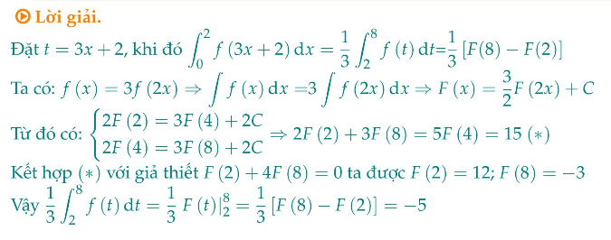 Cho hàm số $f(x)$ liên tục trên $mathbb{R}$ thỏa $f(x)=3 f(2 x)$. Gọi $F(x)$ là nguyên hàm của $f(x)$ trên $mathbb{R}$ thỏa mãn $F(4)=3$ và $F(2)+4 F(8)=0$. Khi đó $int_{0}^{2} f(3 x+2) mathrm{d} x$ bằng 1