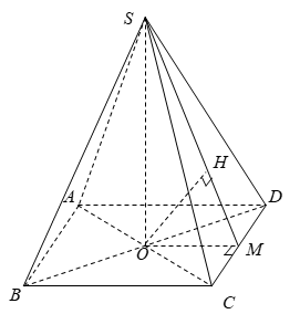 Cho hình chóp tứ giác đều (S.ABCD) có tất cả các cạnh đều bằng (a).Gọi (O) là giao điểm của hai đường chéo.Tính khoảng cách từ (O) đến ((SCD)).</p> 1