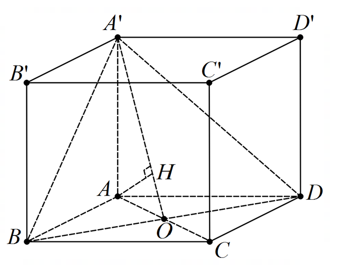 Cho hình lăng trụ đứng (ABCD.A'B'C'D') có đáy hình vuông cạnh (a), (AA' = asqrt 2 ). Tính khoảng cách từ (C) đến mặt phẳng (left( {A'BD} right)).</p> 1