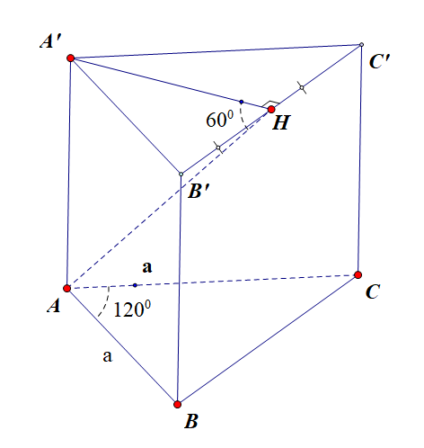 Cho khối lăng trụ đứng (ABC.A'B'C') có đáy (ABC) là tam giác cân với (AB = AC = a), (widehat {BAC} = 120^circ ). Mặt phẳng ((AB'C')) tạo với đáy một góc (60^circ ) Tính thể tích (V) của khối lăng trụ đã cho.</p> 1