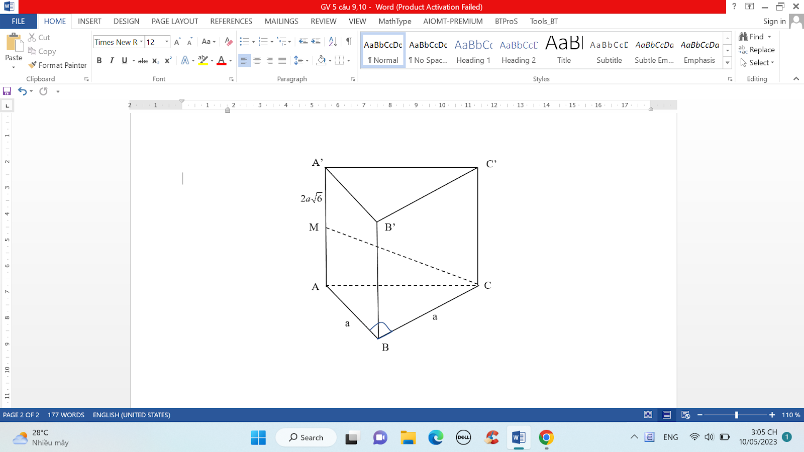 Cho lăng trụ đứng (ABC.A'B'C') có đáy là tam giác vuông cân tại (B). Biết (AB = a), (AA' = 2asqrt 6 ) và (M) là trung điểm của (AA'). Góc giữa đường thẳng (MC) và mặt phẳng (left( {ABC} right)).</p> 1