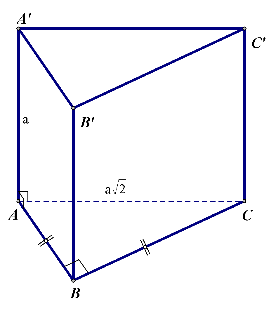 Cho khối lăng trụ đứng (ABC.A'B'C') có (BB' = a), đáy (ABC) là tam giác vuông cân tại (B) và (AC = asqrt 2 ). Tính thể tích của khối lăng trụ đã cho.</p> 1