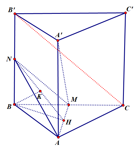 Cho lăng trụ đứng (ABC.A'B'C') có đáy là tam giác vuông và (AB = BC = 2asqrt 6 ), (M) là trung điểm của (BC), góc giữa đường thẳng (AM) và mặt phẳng (left( {ABC} right))là (30^circ ),Tính khoảng cách (d) của hai đường thẳng (AM) và (B'C).</p> 1