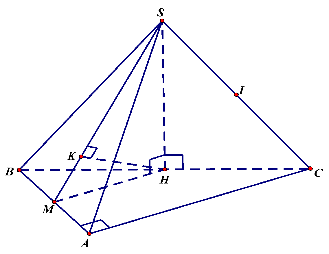 Cho hình chóp (S.ABC) có đáy là tam giác vuông tại (A,,,AC = a,,,I) là trung điểm (SC). Hình chiếu vuông góc của (S) lên (left( {ABC} right)) là trung điểm (H) của (BC). Mặt phẳng (left( {SAB} right)) tạo với (left( {ABC} right)) một góc (60^circ ). Tính khoảng cách từ (I) đến mặt phẳng (left( {SAB} right)).</p> 1