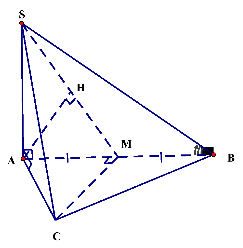 Cho hình chóp (S.ABC) có đáy (ABC) là tam giác đều cạnh (a,,,SA) vuông góc với mặt phẳng (left( {ABC} right)); góc giữa đường thẳng (SB) và mặt phẳng(ABC) bằng (60^circ ). Gọi (M) là trung điểm cạnh (AB). Khoảng cách từ (B) đến (left( {SMC} right)) bằng</p> 1