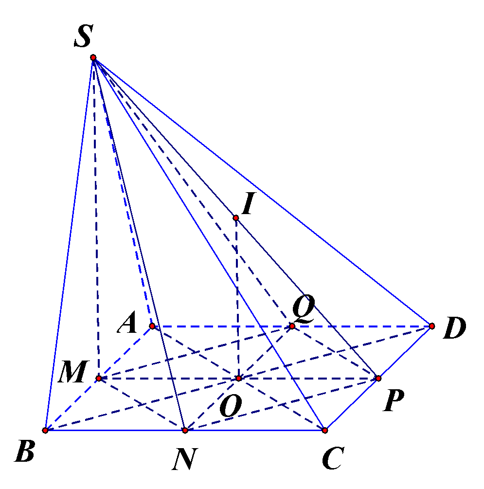 Cho hình chóp (S.ABCD) có đáy (ABCD) là hình thoi (AB = 2a;widehat {ABC} = 60^circ ). Mặt bên (SAB) là tam giác đều và nằm trên mặt phẳng vuông góc với đáy. Gọi (M,N,P,Q) lần lượt là trung điểm của (AB,BC,CD,DA). Thể tích khối cầu ngoại tiếp hình chóp (S.MNPQ)bằng</p> 1