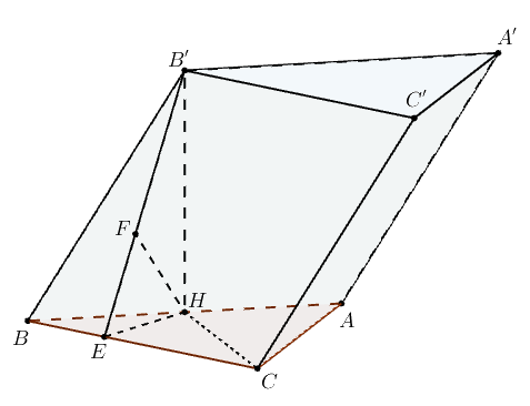 Cho khối lăng trụ (ABC.A'B'C') có đáy là tam giác đều cạnh (2). Hình chiếu vuông góc của (B') trên mặt phẳng đáy trùng trung điểm (H) của cạnh (AB), biết góc giữa (B'H) và mặt phẳng (left( {BCC'B'} right)) bằng (45^circ ). Tính thể tích (V) của khối lăng trụ đã cho.</p> 1