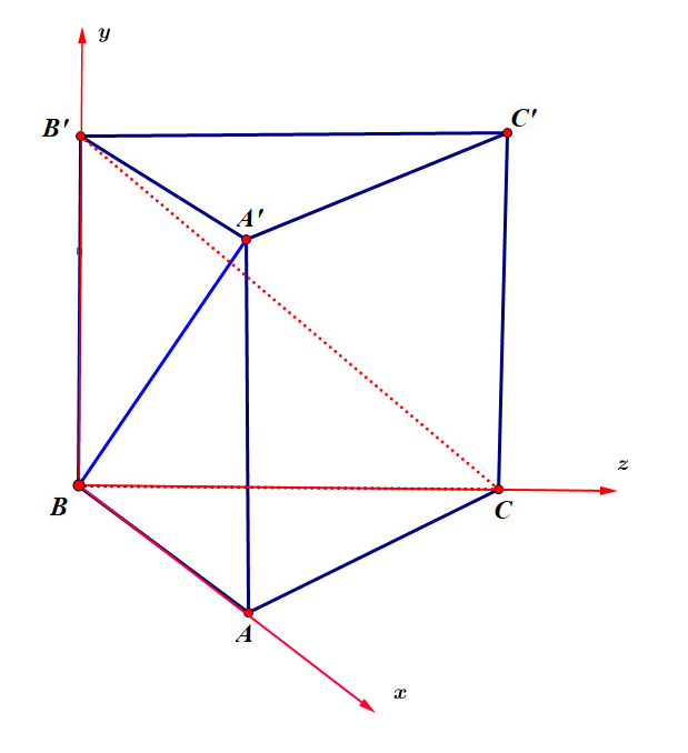 Cho hình lăng trụ đứng (ABC.A'B'C') có đáy là tam giác vuông, (BA = BC = 2a), góc giữa đường thẳng (B'C) và mặt phẳng (left( {ABC} right)) bằng ({30^{rm{o}}}). Tính khoảng cách giữa hai đường thẳng (A'B) và (B'C).</p> 1