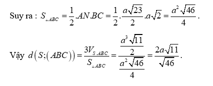 Cho hình chóp (S.ABC) có (SA = a,,BC = asqrt 2 ), thể tích bằng (frac{{{a^3}sqrt {11} }}{6}). Tính khoảng cách từ (S) đến (left( {ABC} right)).</p> 2