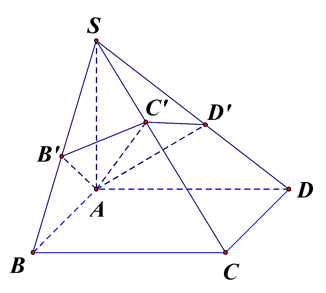 Cho hình chóp (S.ABCD)<sub> </sub>có đáy (ABCD) là hình vuông cạnh (a), (SA) vuông góc với đáy, (SA = asqrt 2 ). Gọi (B',{rm{ D'}}) là hình chiếu của (A) lần lượt lên (SB,{rm{ SD}}). Mặt phẳng (left( {AB'D'} right)) cắt (SC) tại (C'). Thể tích khối chóp (S.AB'C'D')<sub> </sub>là</p> 1