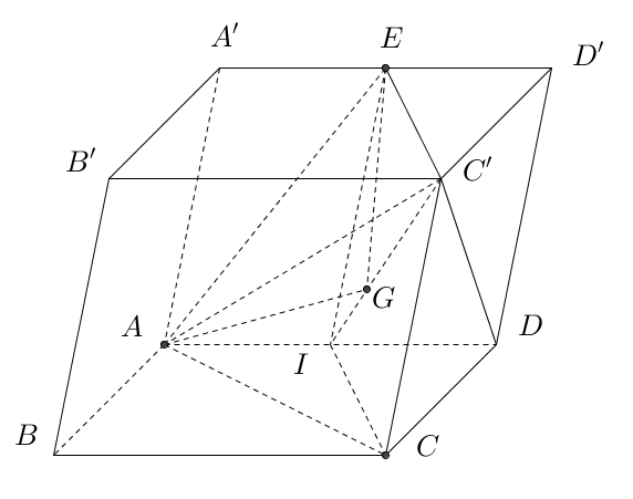 Cho hình hộp (ABCD.A'B'C'D') có thể tích (V). Gọi (G) là trọng tâm tam giác (AC'D), (E) là trung điểm (A'D'). Tính thể tích khối chóp (AEGC') theo (V).</p> 1