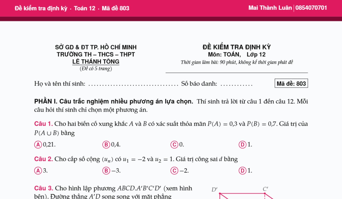 Đề Kiểm Tra Định Kỳ Môn Toán 12 Năm Học 2026 - 2027 Trường Lê Thánh Tông - TP. HCM 1 Đề Kiểm Tra Định Kỳ Môn Toán 12 Năm Học 2026 - 2027 Trường Lê Thánh Tông - TP. HCM