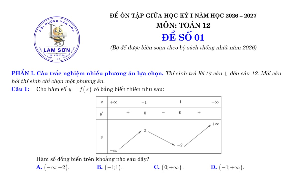 Bộ Đề Ôn Tập Giữa Học Kỳ 1 Môn Toán 12 Năm Học 2026 – 2027 (Theo SGK Thống Nhất)